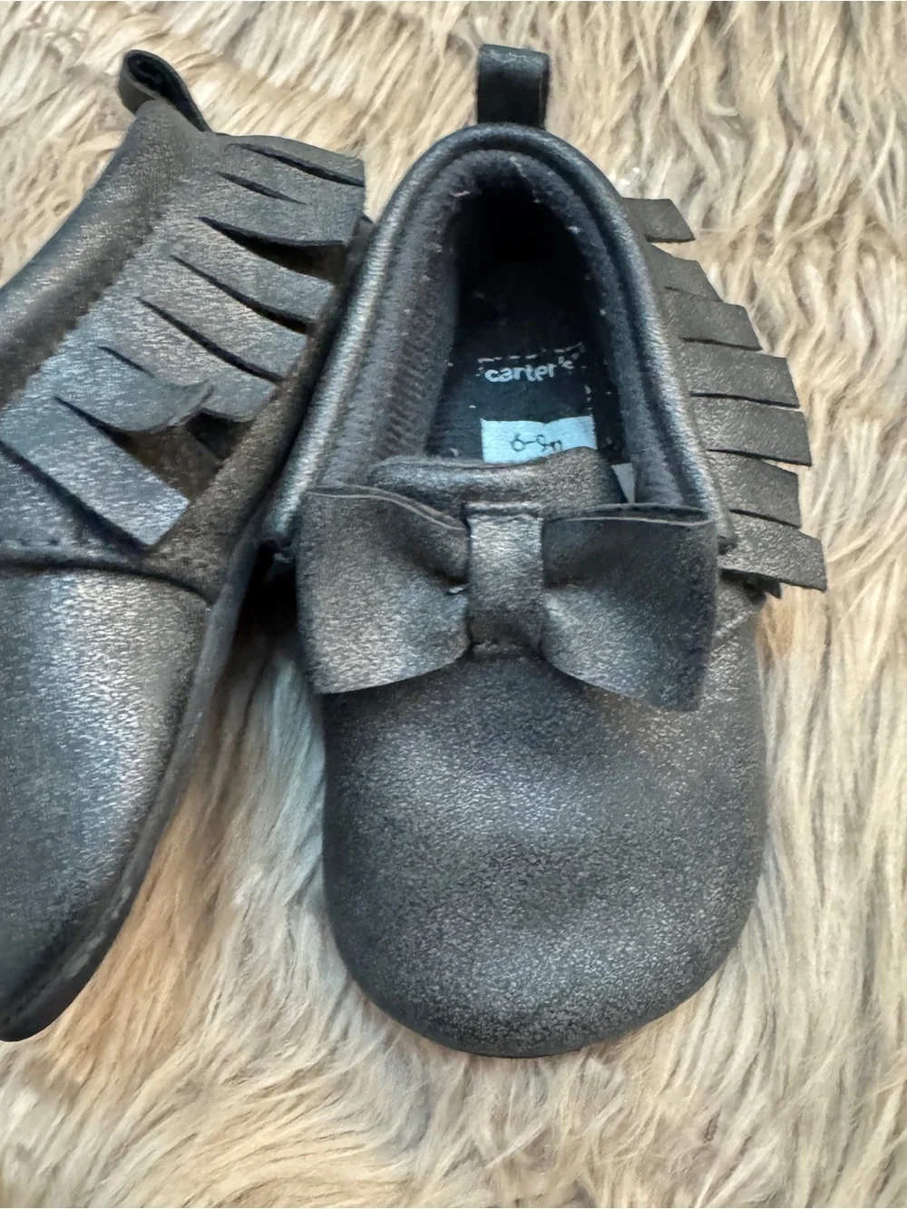 Carter's Metallic Black Baby Bow & Fringe Moccasins 6-9m
